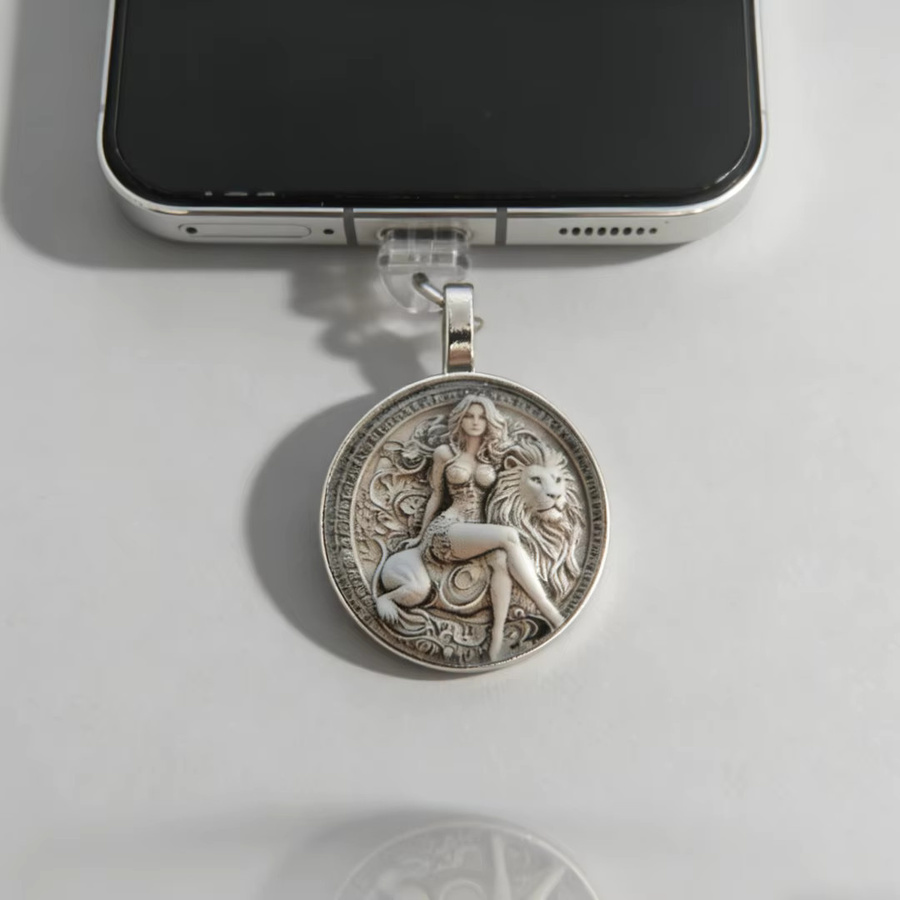 Vintage Lanyard Telefon-Staubschutz mit Anti-Verlust-Gurt und Löwen-Prägung in Silber - Bild 2
