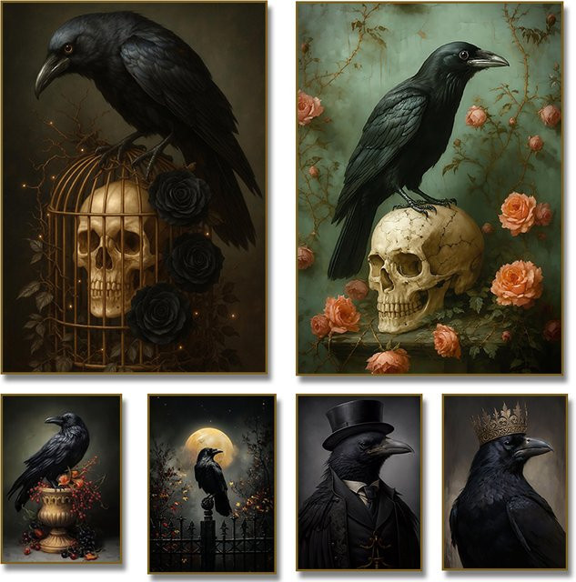 Potdemiel Vintage Diamantmalerei Poster mit Raben und Totenkopf im Gothic-Stil, Schwarz/Mehrfarbig - Bild 1