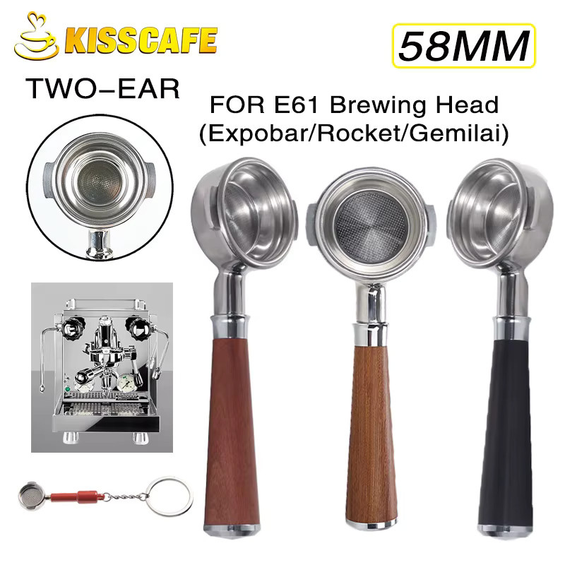 ALIKISSCAFE 58mm Bottomless Siebträger für E61 Expobar aus Edelstahl in Silber inklusive Filterkorb und zwei Griffen - Bild 2