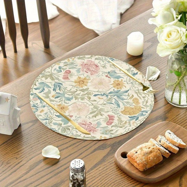 VIKAMA 4-teiliges Nachmittagstee-Tischset aus Leinen mit floralem Design, Mehrfarbig, Durchmesser: 38 cm - Bild 1
