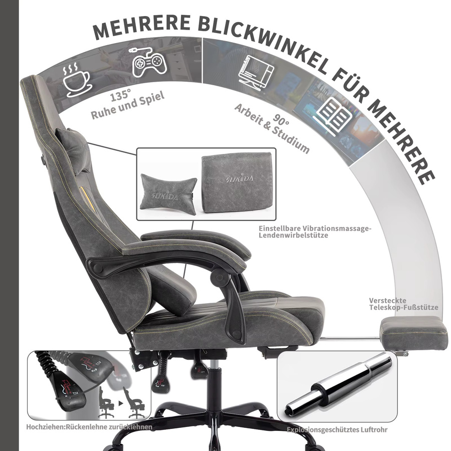 Ergonomischer SUKIDA Gaming-Stuhl in Beige mit Fußstütze, Kopfstütze und Lordosenstütze aus Kunstleder - Bild 3