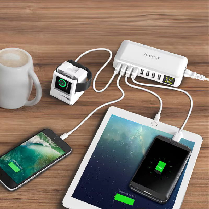 ILEPO 8-Port USB-Schnellladegerät mit 40W QC3.0 Multi-USB-Ladestation und LED-Anzeige in Weiß - Bild 2