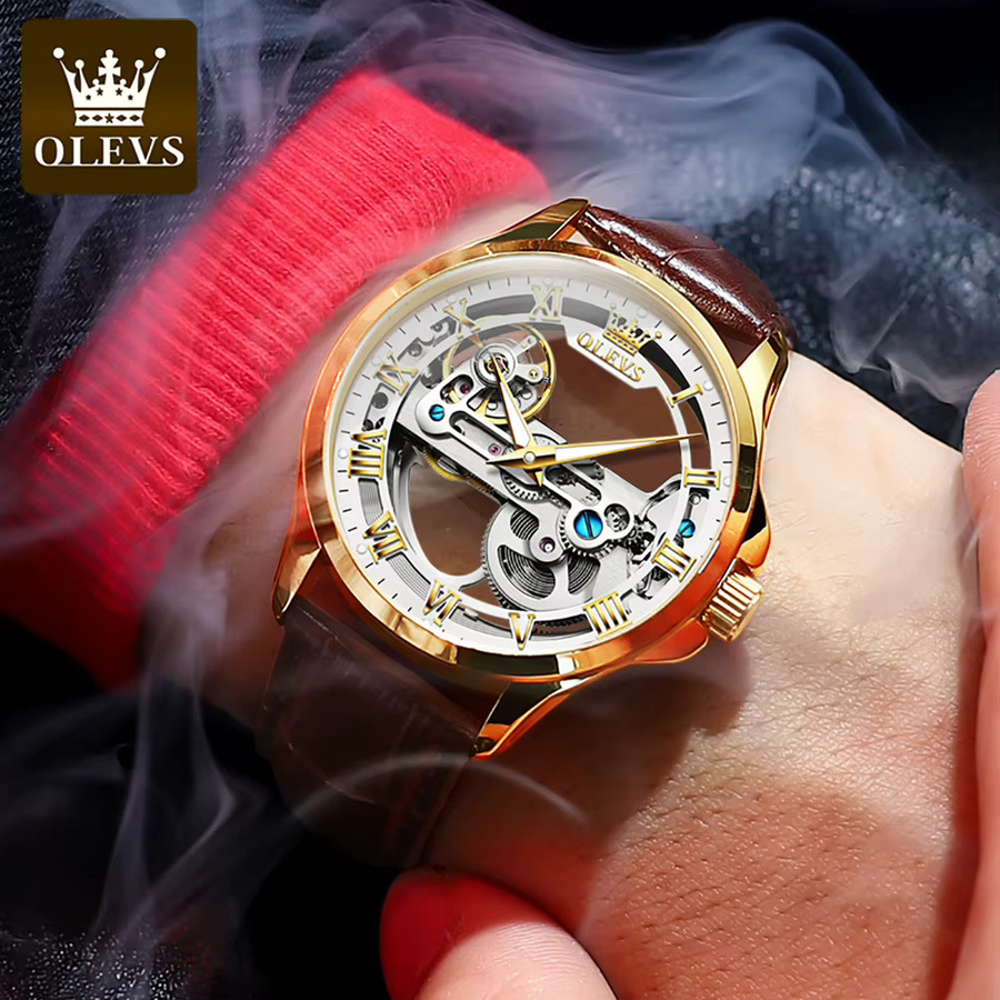 OLEVS Armbanduhr, Automatik, Skeleton Hollow, Leder, Herren - Bild 3