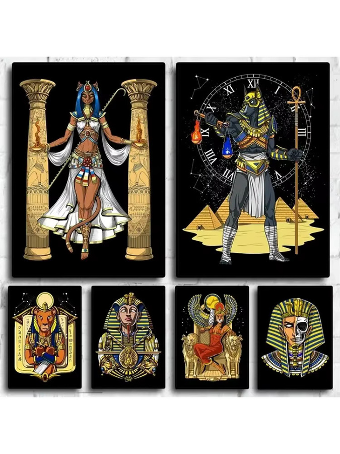 Potdemiel Wandkunst Ägyptische Mythologie Leinwandgemälde mit abstrakten Mustern und ethnischen Tierdarstellungen in Mehrfarbig - Bild 2
