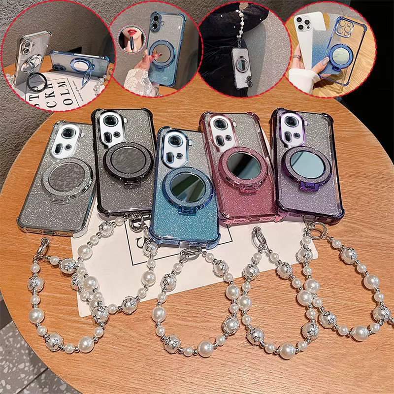 Bling Glitzer Lippenstift Handyhülle für Oppo Reno11, Reno11 Pro und Reno11 Pro 5G mit Spiegel, Perlenkette und Stoßschutz in Pink - Bild 2