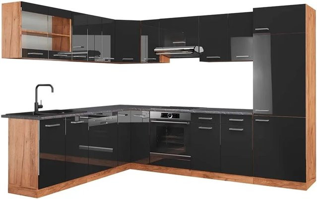 Vicco R-Line Eckküche in Anthrazit Hochglanz und Goldkraft Eiche, moderne Einbauküche ohne Elektrogeräte, B/T/H: 227 x 287 x 207 cm - Bild 1