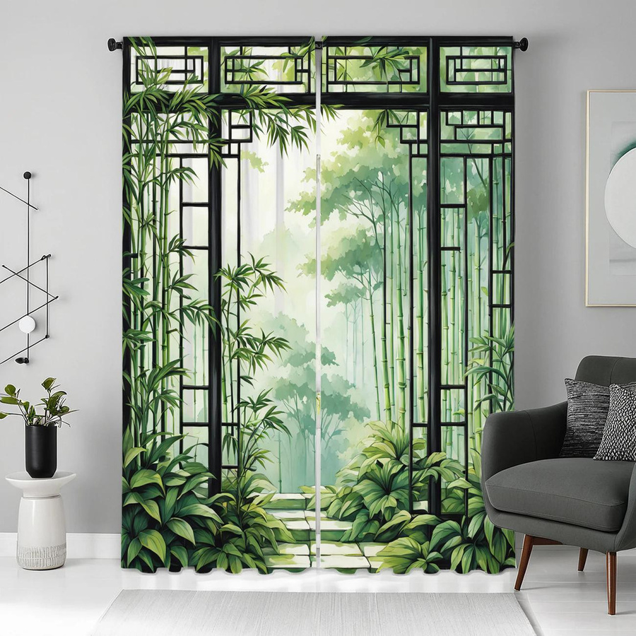 Yiran Furniture Schlaufenvorhänge mit 3D Bambus-Print in Grün, semi-transparent, 2er-Set, B: 35 cm, H: 100 cm - Bild 2