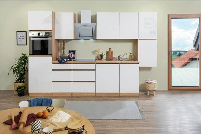 Respekta Küchenzeile ohne E-Geräte in Weiß Hochglanz und Eiche Sägerau, Breite: 330 cm, Höhe: 220,5 cm, Tiefe: 60 cm - Bild 1