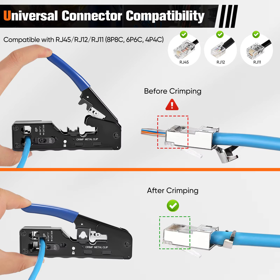 Rbefeuly Netzwerk-Werkzeugset in Blau mit RJ45-Crimpzange, 20x RJ45-Steckern Cat7/Cat6a Pass-Through, Netzwerktester, LSA-Montagewerkzeug und Abisolierzange - Bild 2