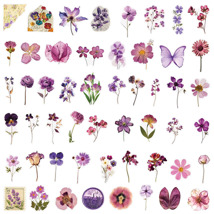 50 oder 100 Stück transparente PET Aufkleber mit lila Blumen für Notebook, Tablet, Telefon und Trinkbecher - Bild 2