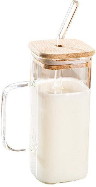 Yiran toy 1 Glasstrohbecher mit Deckel und farbigem Griff, quadratisch, transparent, 201-300ml - Bild 1