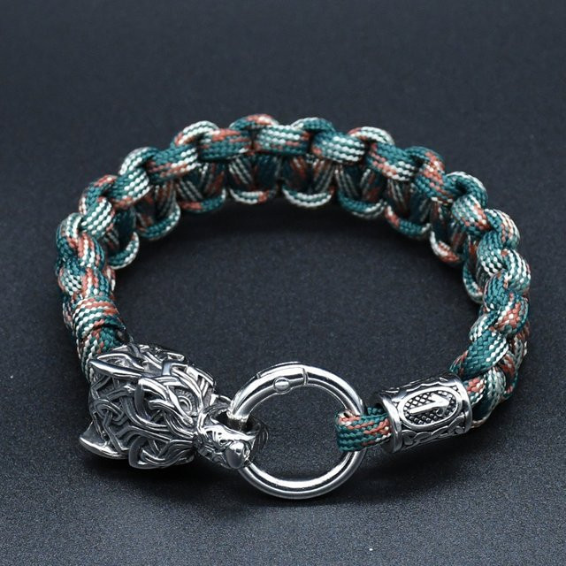 Armband Edelstahl, Wolfskopf, Wikinger-Runenperlen, Paracord, Herren - Bild 1
