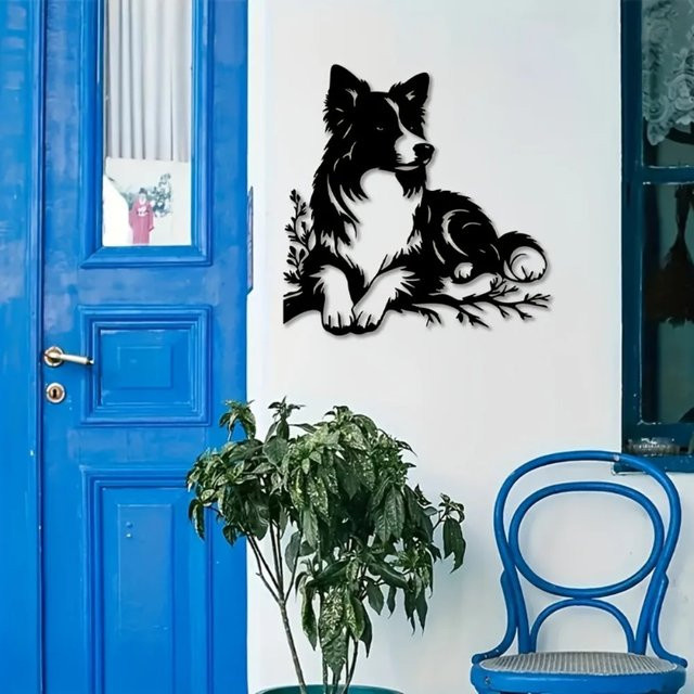 CIFBUY Wandkunst aus Metall Border Collie Hund in Schwarz als Eisenskulptur für Garten, Terrasse und Heimdekoration - Bild 1