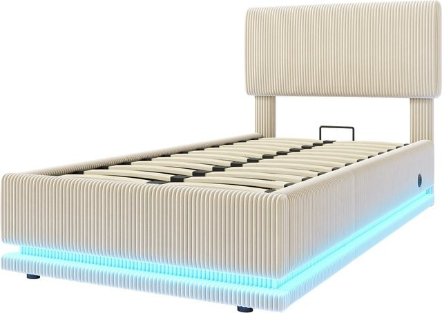 okwish Polsterbett Beige mit LED Kopfteil und USB-Ladeport B/T/H: 91 x 200 x 112 cm - Bild 1
