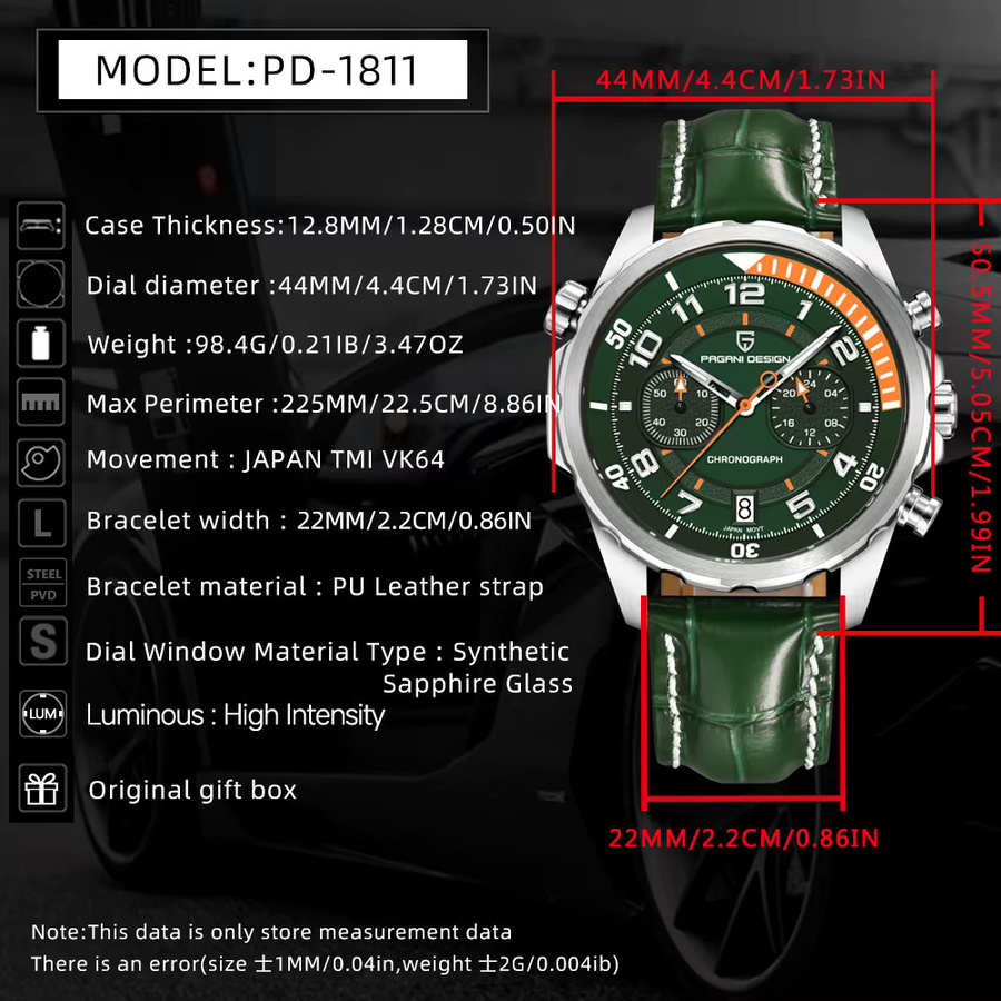 PAGANI DESIGN Chronograph, Grün, Quarz, Edelstahl, Leder, Herren - Bild 4