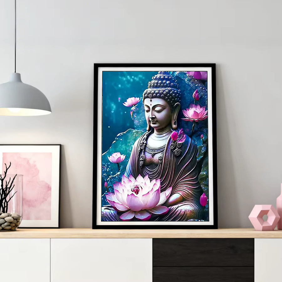 HUACAN Diamantmalerei Set Buddha Porträt mit Lotusblume in Multicolour, runde Wandkunst im orientalischen Stil, Durchmesser: 30 cm - Bild 3