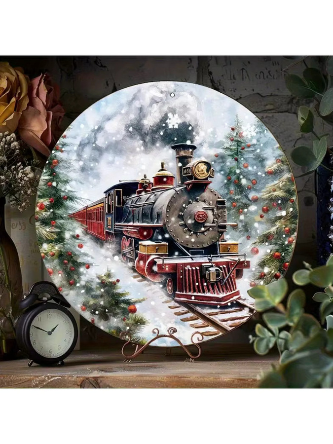 Potdemiel Retro Polar Train Metallschild rund, Aluminium-Wandkunst mit Schneeschleppe, Durchmesser: 20,32 cm - Bild 5