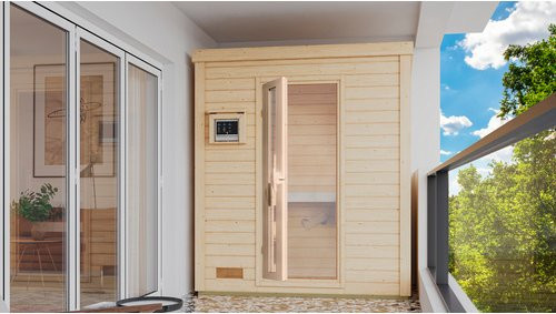 KARIBU Saunahaus Suurlaht in Beige mit 9 kW Ofen und externer Steuerung für 1 Person, B/T/H: 196 x 113 x 228 cm - Bild 1