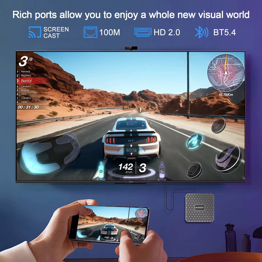 Android 16 Set-Top-Box mit WLAN 6, 8K HDR10+ Media Player und Google Sprachfernbedienung, Schwarz - Bild 2