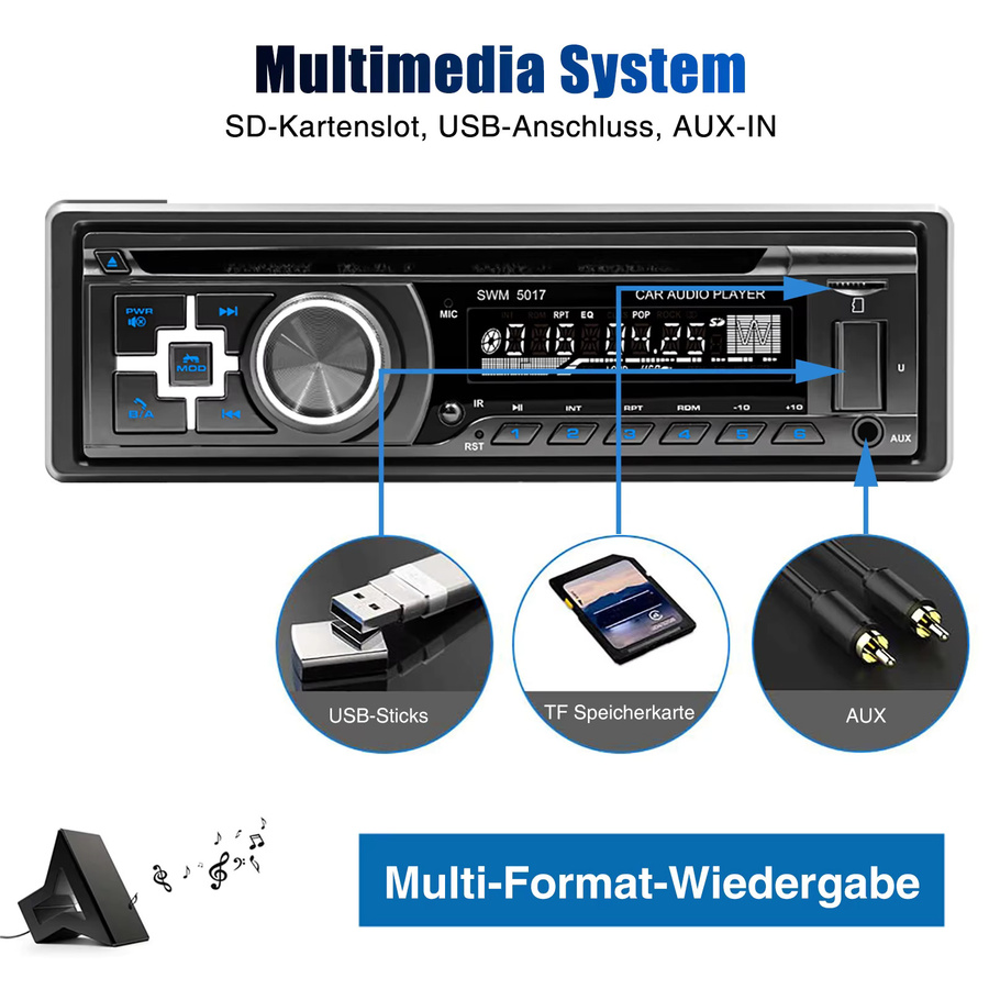MOPECT Universelles 1DIN Autoradio mit Bluetooth, USB und CD/DVD/AUX-In in Schwarz - Bild 3