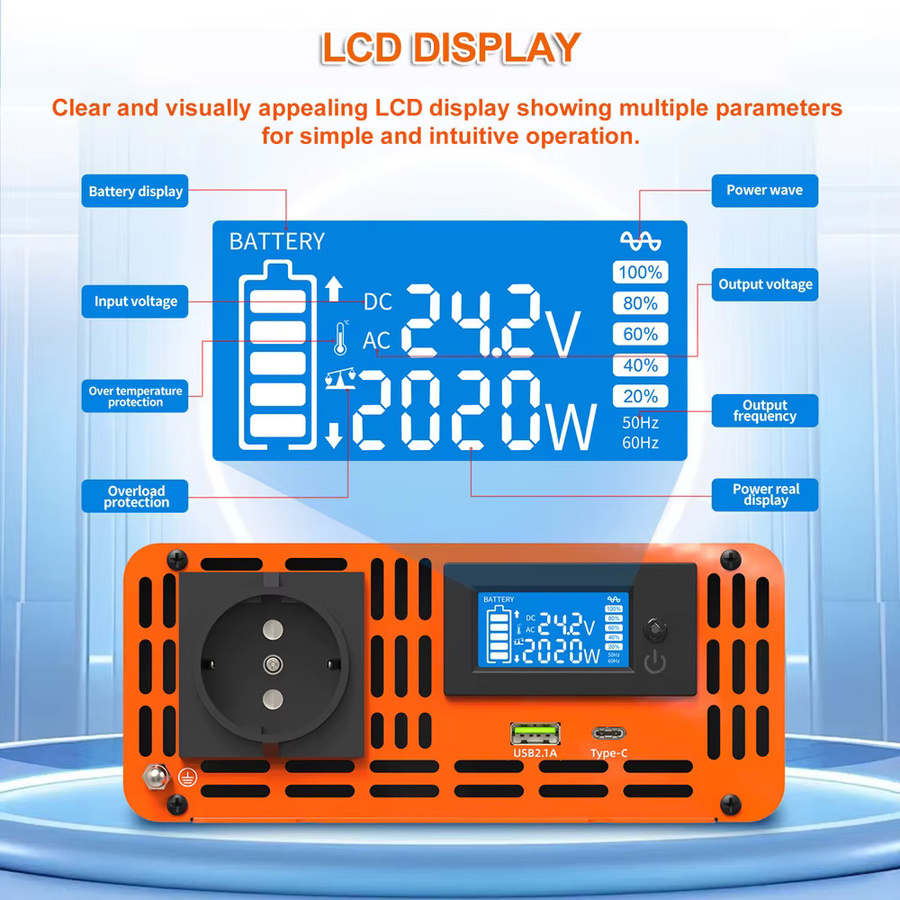 DATOUBOSS Sinus-Wechselrichter 2000W 36V / 24V DC auf AC 220V 230V Spannungswandler mit AC-USB-Buchse und LCD-Fernbedienung für Wohnmobile und LKW - Bild 3