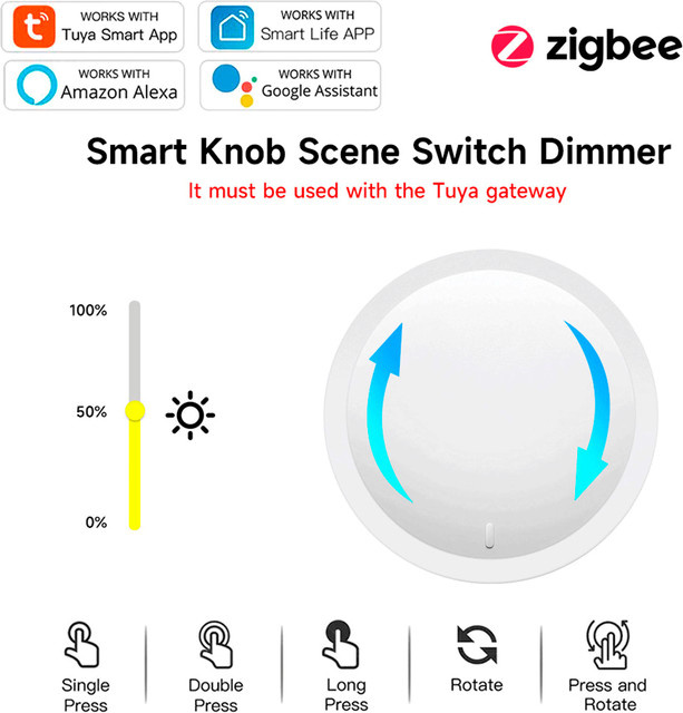 Tuya ZigBee Smart Knob Switch – Kabelloser drehbarer Dimmer-Controller und Szenenknopf für deine Hausautomatisierung in Weiß - Bild 1