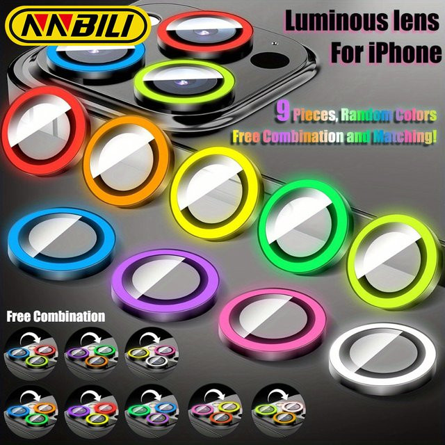 NNBILI 9 Stück leuchtender Kameraobjektivschutz für iPhone 17 Pro Max, 17 Air, 17, 16 Pro Max, 16E, 15, 14, 13, 12, 11 Serie in Multicolor - Bild 1