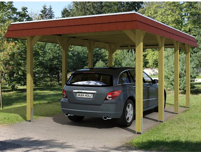 Skan Holz Carport Spreewald aus Nadelholz mit roter Blende und EPDM-Dach in Grün, B/T/H: 589 x 345 x 241 cm - Bild 1