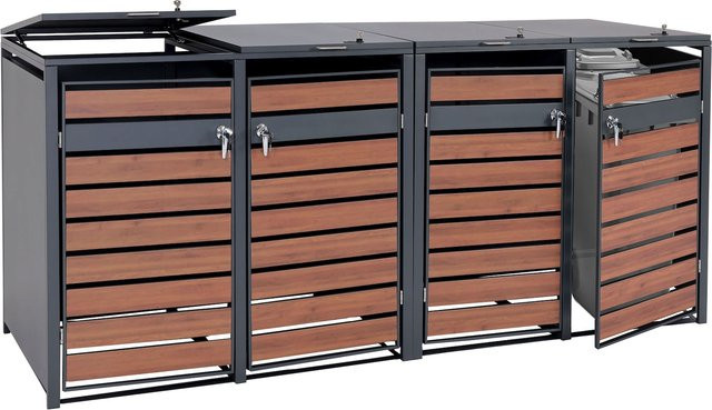 MCW XL Mülltonnenverkleidung J81 Mülltonnenbox aus Metall in Anthrazit mit Kirsche-Holzoptik Dunkelbraun, B/H/T: 284 x 117 x 98 cm - Bild 1