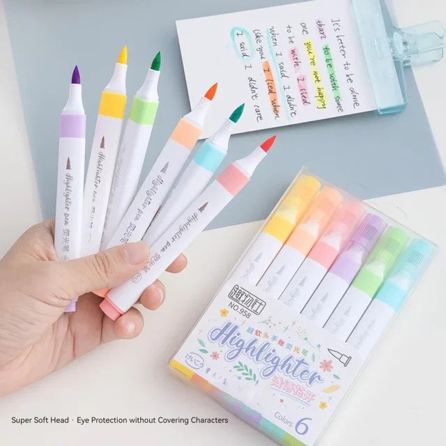 6-Farben-Textmarker-Set in Pastellfarben mit Pinselspitze für Kunst und Briefpapier, Mehrfarbig - Bild 1