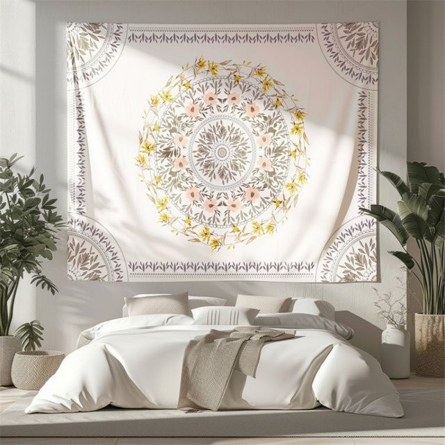 VIKAMA Wandteppich aus der Mandala-Serie, nordisch inspirierter Wandbehang mit geometrischem Blumenmuster in Multicolour, rechteckig - Bild 1