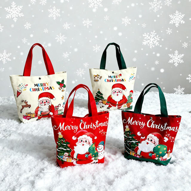 2er-Set Weihnachtstaschen aus Leinwand mit Cartoon Santa Claus und Weihnachtsbaum Motiv in Mehrfarbig - Bild 1