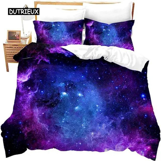 Binchi Outdoor Product Galaxy Bettwäsche-Set mit Sternenhimmel-Motiv aus weicher Mikrofaser, Blau-Violett, B/H: 155 x 215 cm - Bild 1