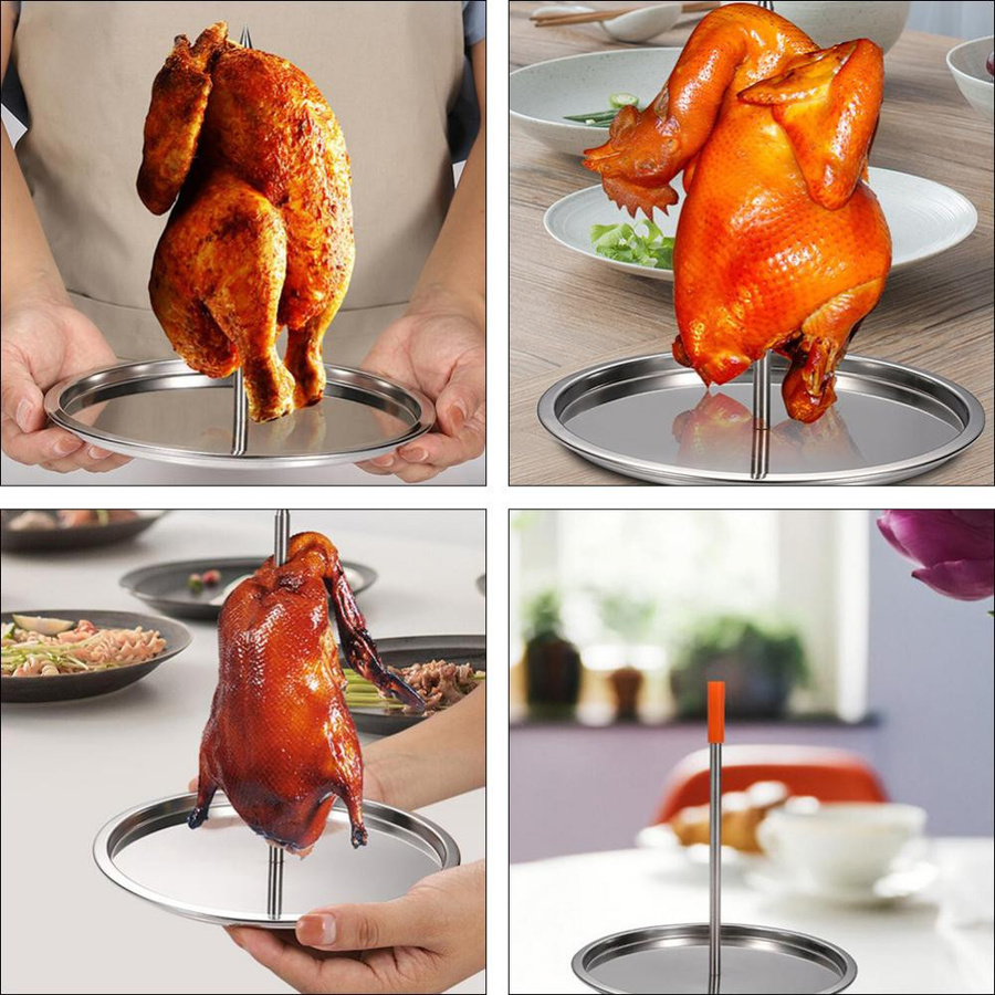 Edelstahl Brathähnchen Rack mit abnehmbarem Griff und Chassis als vertikaler Bratenrost und Grillplatte in Silber - Bild 2