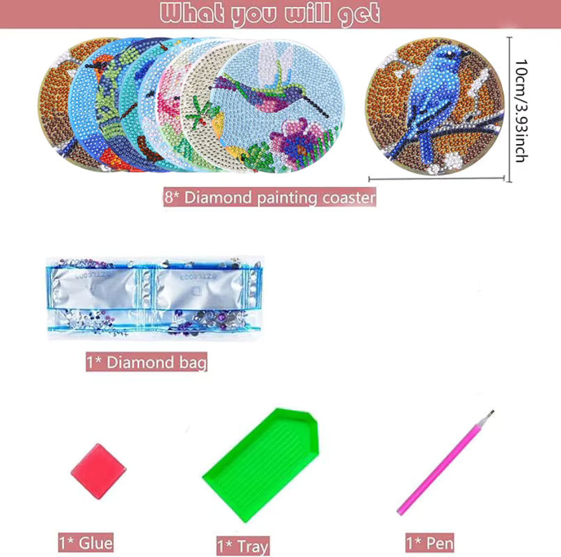 8-teiliges DIY-Diamant-Malerei-Kunstset mit Vogelmuster und Untersetzern in Multicolor für Mosaik-Kristall-Projekte - Bild 2