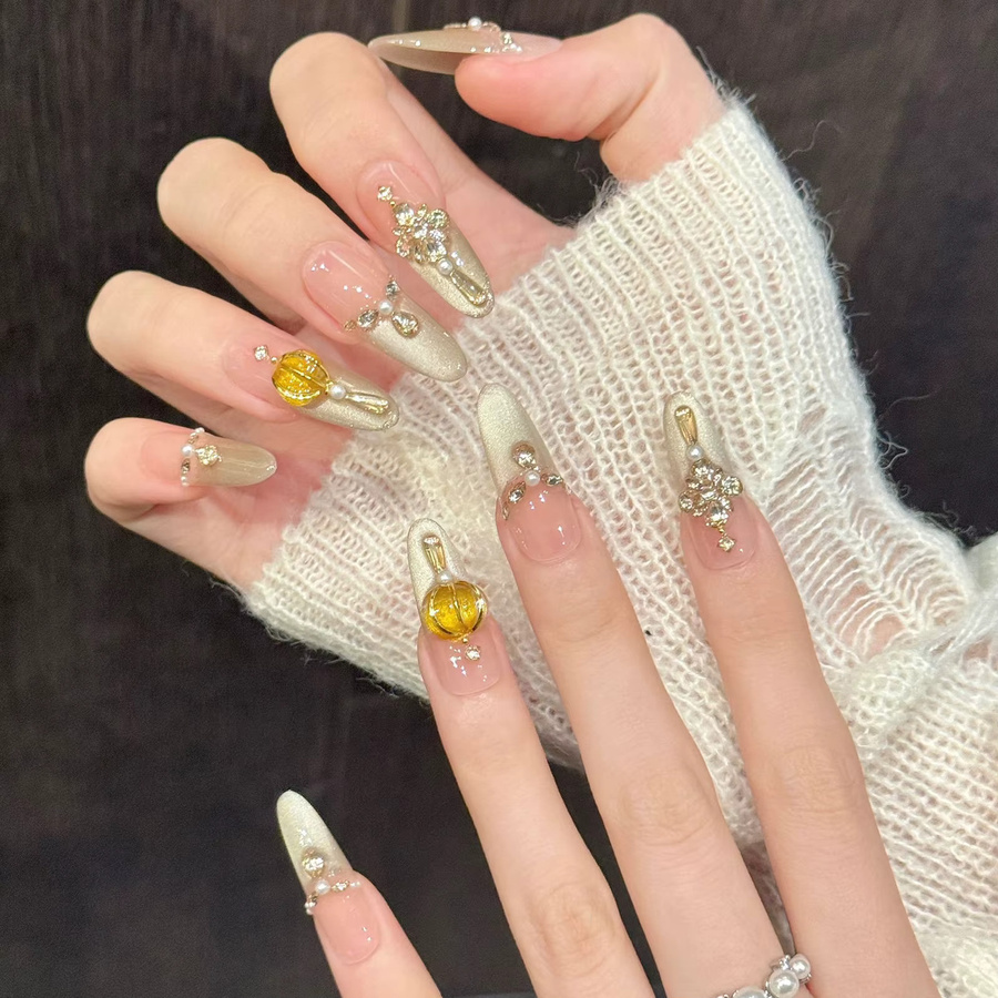 YADORNOS Künstliche Nägel, Goldenes Diamant-Design, Glänzend, 10 Stück - Bild 3