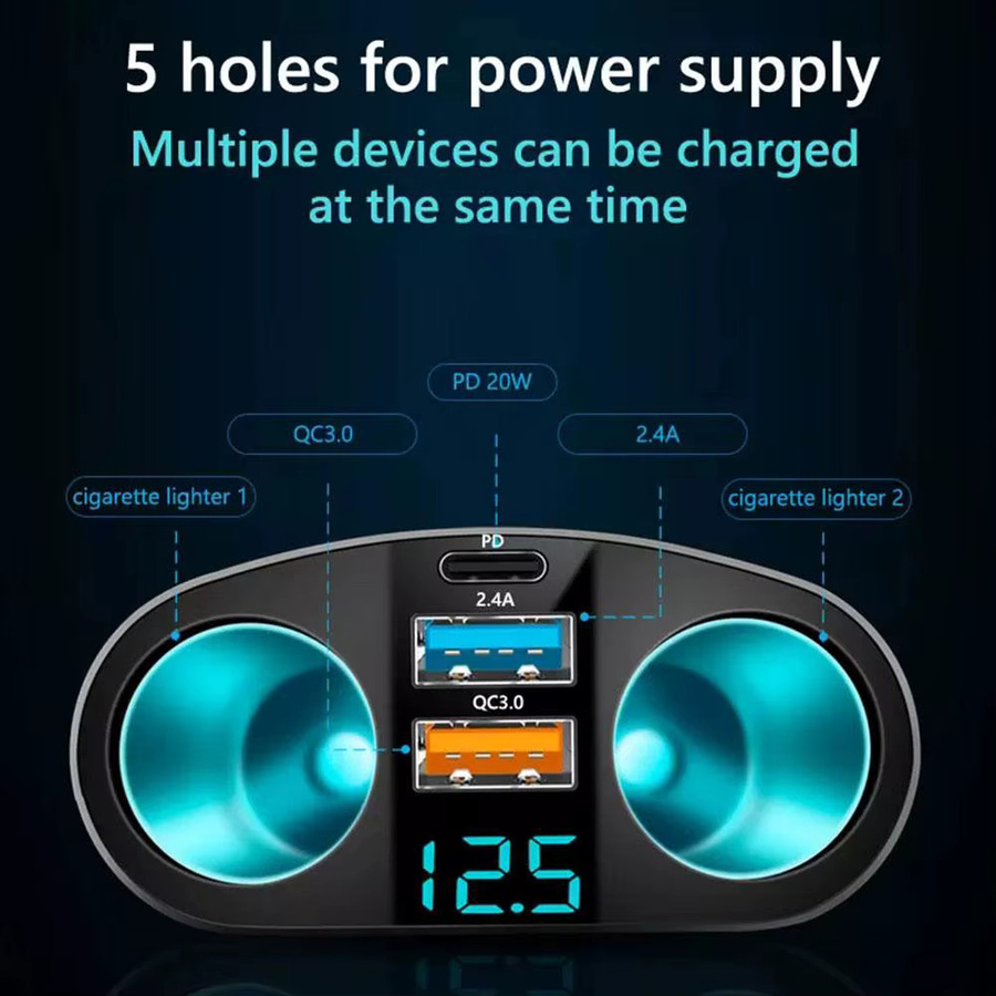 Auto Zigarettenanzünder Steckdose Splitter mit blauem Atmosphärelicht, PD und QC3.0 USB-C Ports für 12V-24V, Schwarz/Blau - Bild 3