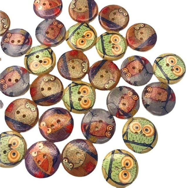 100 Stück hölzerne Eulenknöpfe in Mehrfarben, runde Tierknöpfe mit zwei Löchern für DIY-Projekte und Scrapbooking, Durchmesser: 15 mm - Bild 1