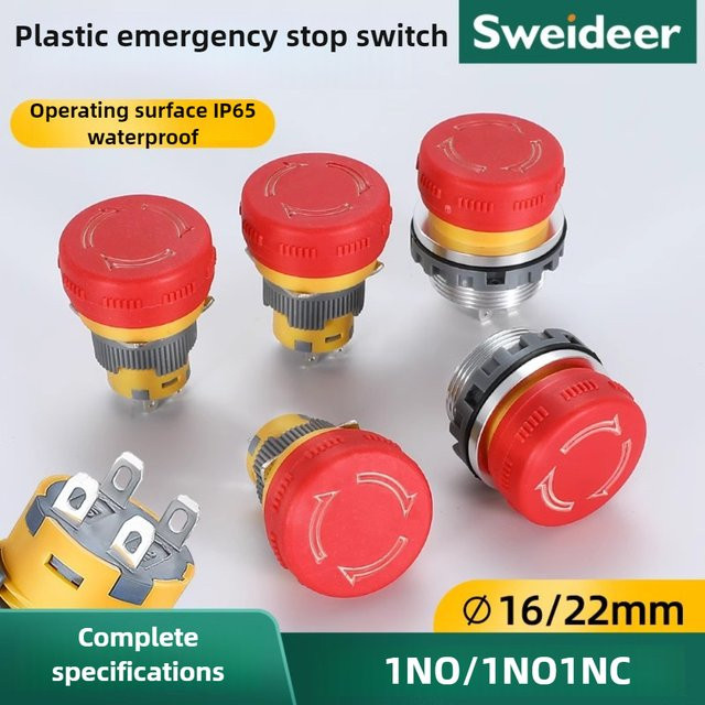 Sweideer Not-Aus-Taster aus Kunststoff in Rot, Pilzkopf mit Reset-Funktion, IP65 wasserdicht, 1NO 1NC, 16/22mm - Bild 1