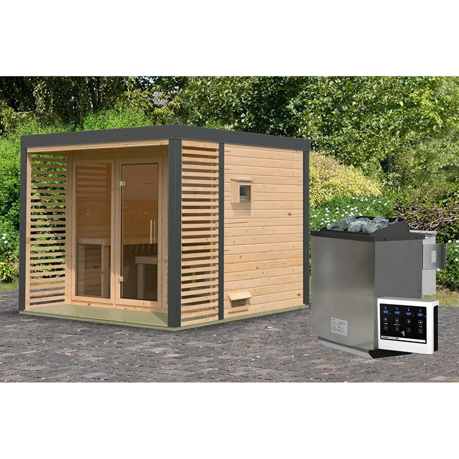 Karibu Saunahaus Seros 3 aus Fichte in Naturbelassen und Anthrazit inklusive 6,37 kW Ofen mit externer Steuerung - Bild 2