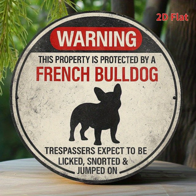 Lustiges Warnschild für französische Hunde von Potdemiel in Vintage-Optik aus Metall, Farbe Rot, Rund - Bild 1