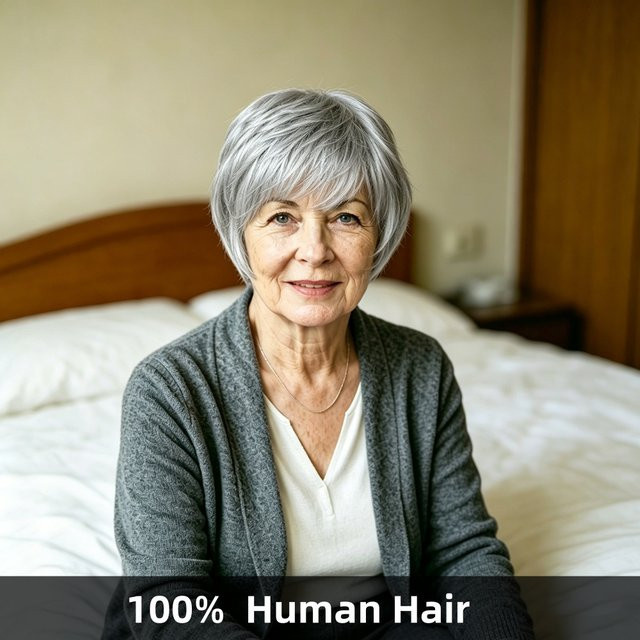 OYM HAIR Echthaar-Kurzhaarperücke Pixie-Cut, Aschgrau, Damen - Bild 1