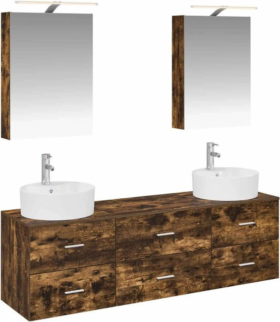 vidaXL Badezimmermöbel-Set 5-teilig aus Eiche in Braun, modern mit LED-Beleuchtung und Spiegelschrank - Bild 1