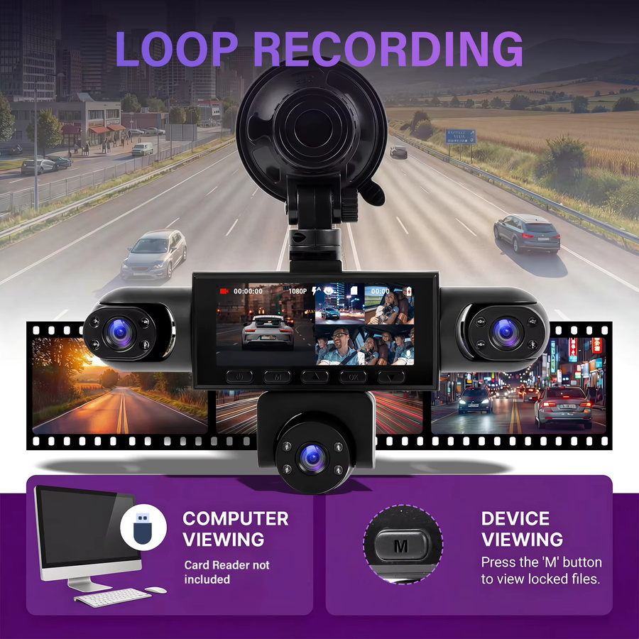 Podofo Auto-Dashcam mit 1080P Full HD und 5 HD-Linsen inklusive Innenraum- und Rückfahrkamera in Schwarz - Bild 2