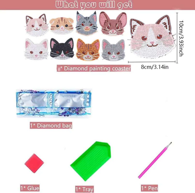 8-teiliges DIY-Diamant-Malerei-Kunstset mit Katzenmuster und Untersetzern in Mehrfarbig - Bild 2