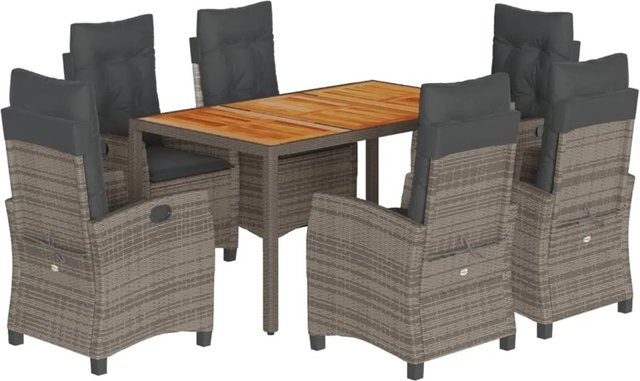 vidaXL 7-teilige Garten-Essgruppe aus Poly-Rattan und Akazienholz mit Kissen in Grau - Bild 1