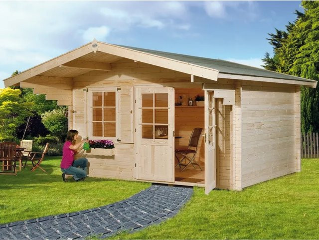 OBI Holz-Gartenhaus Riva A in Natur mit Satteldach und Blockbohlenbauweise aus Fichtenholz, B/T: 380 x 300 cm - Bild 1