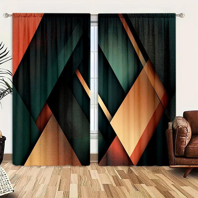 2er-Set Vorhang mit geometrischem Muster in Braun, halbtransparent, B: 52,5 cm, H: 116 cm - Bild 1