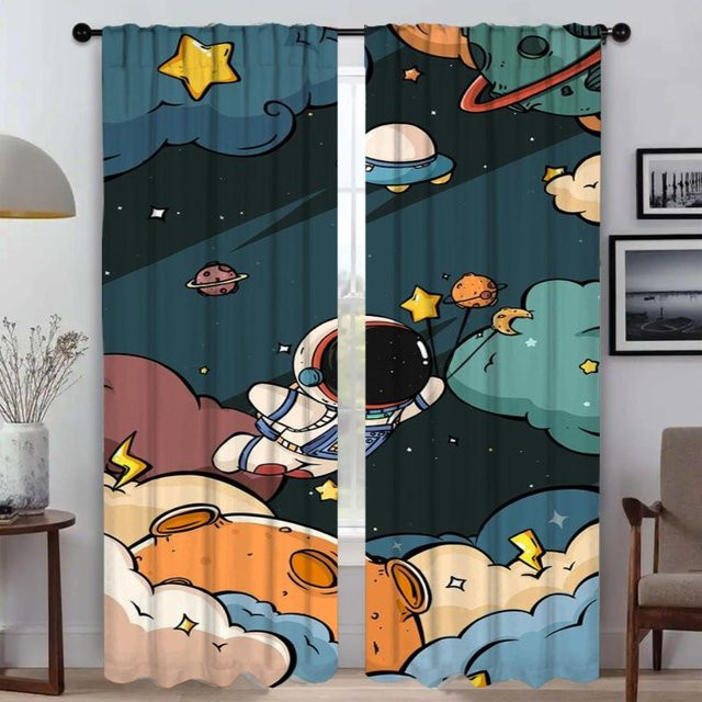 Astronaut Motiv Vorhänge für dein Wohnzimmer, 2 Paneele, halbtransparent, Mehrfarbig, B: 50 cm, H: 70 cm - Bild 1