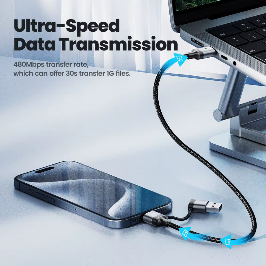 Toocki 2-in-1 USB-C auf USB-C Schnellladekabel mit 60 W PD für iPhone 15 14 Pro Max, Xiaomi 13 12 und Samsung S23 in Schwarz oder Grau - Bild 3
